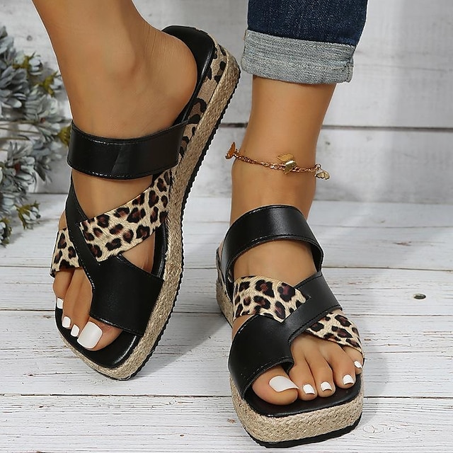  Women's Sandals Espadrilles Orthopedic Sandals Bunion Sandals Plus Size Daily Club Beach Leopard Color Block Summer Flat Heel Classic Casual Faux Leather Black Brown