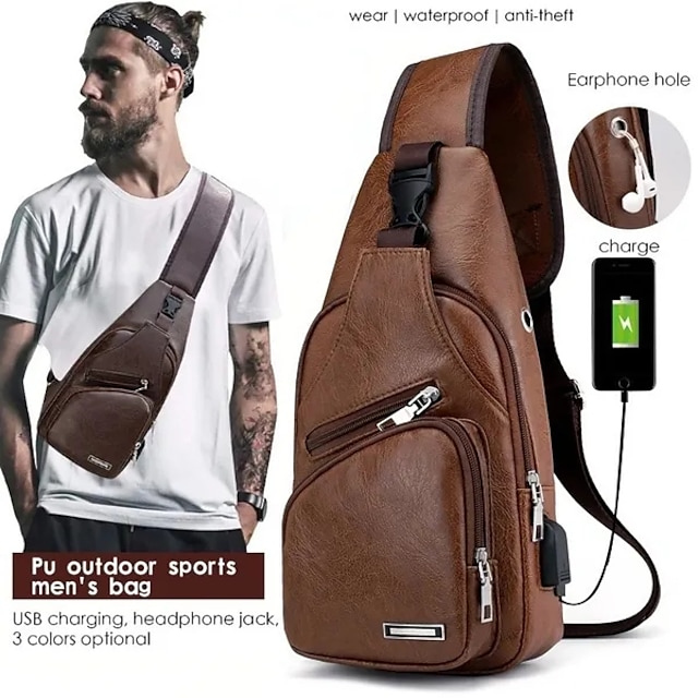 Men's Chest Bag Casual Outdoor Travel USB Charging Port Sling Bag Leather Chest Bag Crossbody Bag