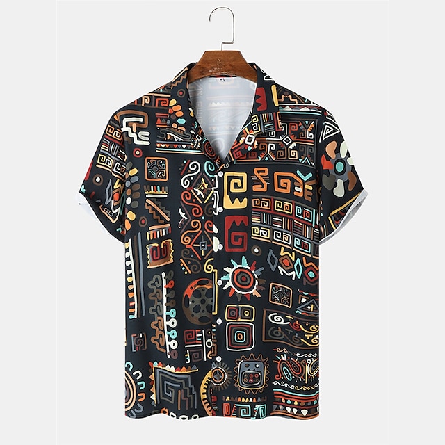  Men's Shirt Summer Hawaiian Shirt Tribal Graphic Prints Vintage Geometry Cuban Collar Black Casual Holiday Short Sleeve Button-Down Print Clothing Apparel Sports Fashion Streetwear Designer
