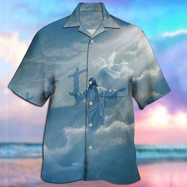  Men's Shirt Graphic Prints Cross Jesus Cuban Collar Blue Casual Holiday Short Sleeve Button-Down Print Clothing Apparel Sports Fashion Streetwear Designer