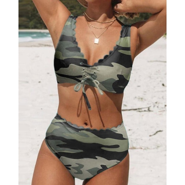  Women's Swimwear Bikini Normal Swimsuit 2 Piece Printing Camouflage Green Bathing Suits Sports Beach Wear Summer
