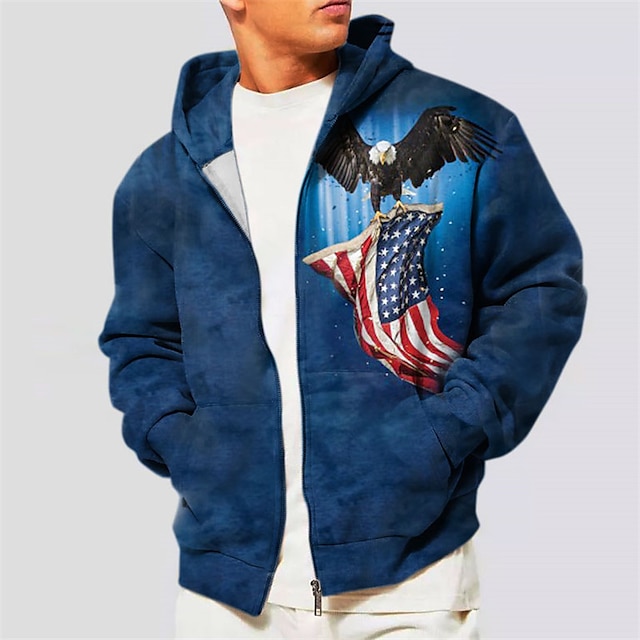  Men's Full Zip Hoodie Jacket Blue Hooded Graphic Prints Eagle National Flag Zipper Print Sports & Outdoor Daily Sports 3D Print Streetwear Designer Casual Spring &  Fall Clothing Apparel Hoodies