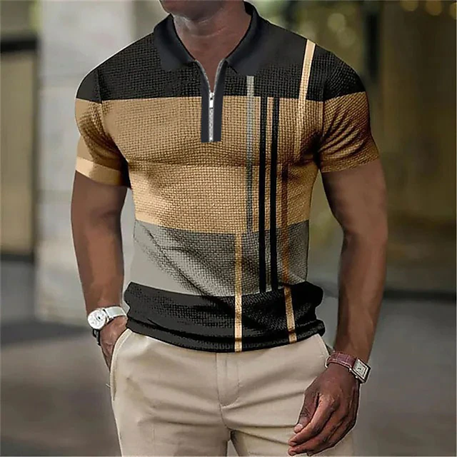 Men's Color Block Striped Graphic Prints Geometry Polo Shirts Zip Polo Golf Shirt Short Sleeve Shirt Turndown Outdoor Street Lake blue Yellow Blue Green Gray Zipper Print Clothing Apparel Fashion 6