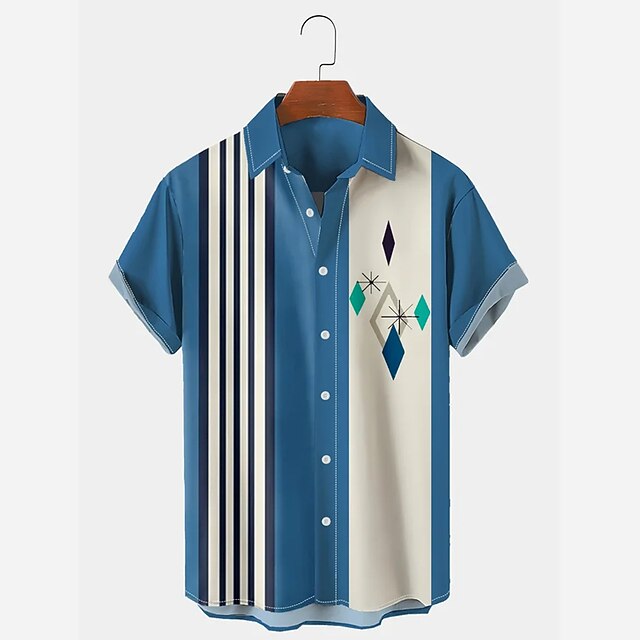 Men's Color Block Geometric Pattern Shirt Summer Shirt Casual Shirt Short Sleeve Fashion 1950s Casual Vacation Daily Going out Summer Turndown Print Blue3