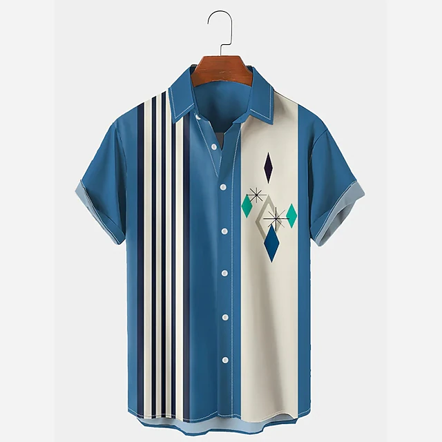 Men's Color Block Geometric Pattern Shirt Summer Shirt Casual Shirt Short Sleeve Fashion 1950s Casual Vacation Daily Going out Summer Turndown Print Blue3