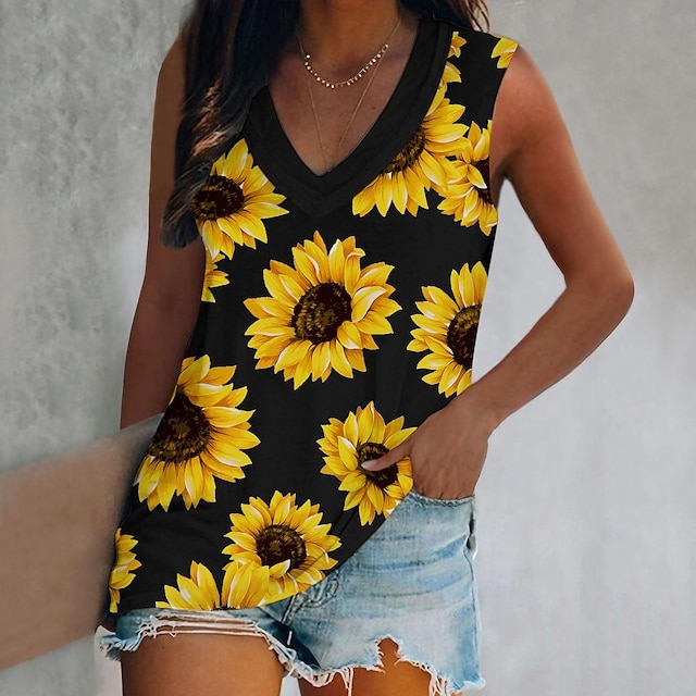  Women's Tank Top Black White Gray Sunflower Print Sleeveless Casual Holiday Basic V Neck Regular Floral S