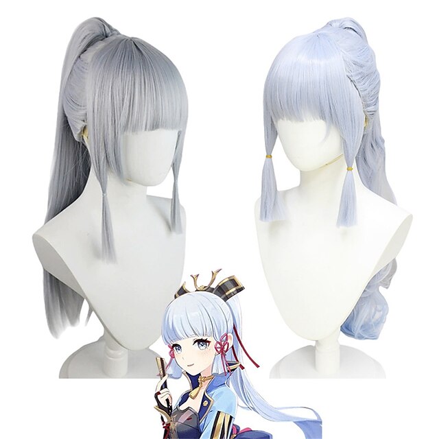  Parrucca Genshin Impact Shenli Linghua COS parrucca modello di ruolo argento chiaro coda di cavallo singola cosplay capelli lunghi parrucche di Halloween