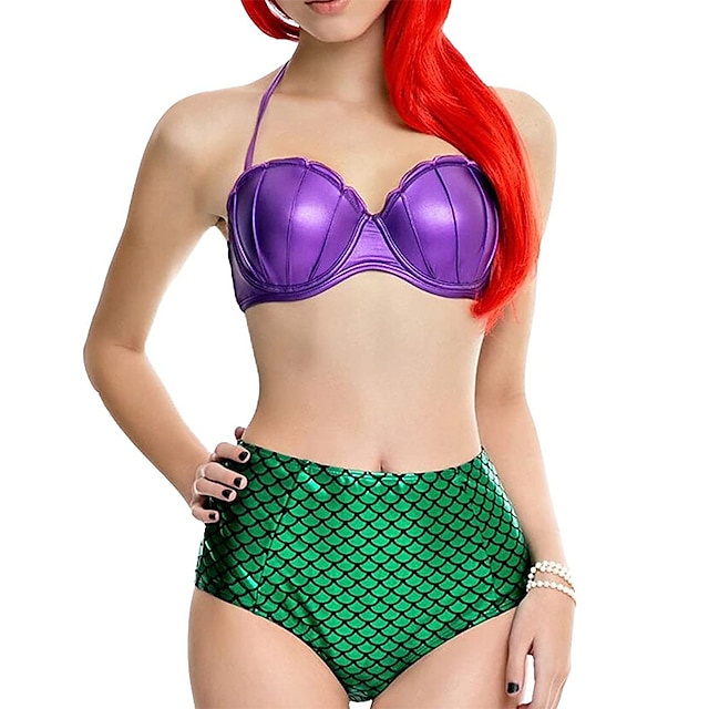  2 pcs Swimwear Bikini Plus Size Mermaid Women's Princess Polyester Black Purple Bra Shorts