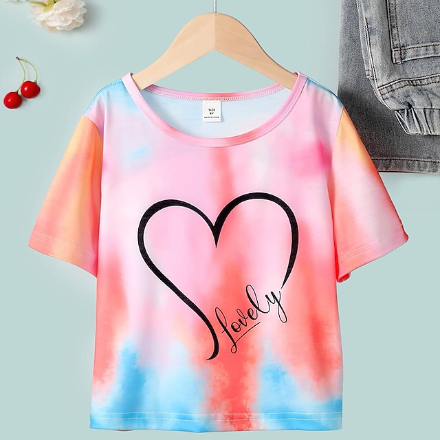  Детская футболка для девочек, футболка с сердечком, короткий рукав, модная, для детей 7–13 лет, летняя многоцветная