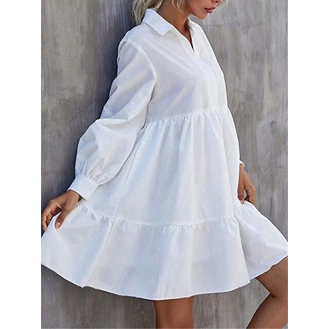  Women's Shirt Dress Casual Dress Tiered Dress Outdoor Daily Mini Dress Basic Casual Cotton Ruched Button Shirt Collar Summer Spring Fall Long Sleeve Loose Fit 2023 Black White Pure Color S M L XL 2XL