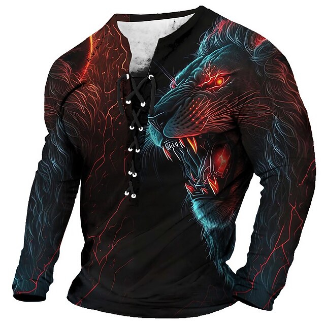 Men's T Shirt Graphic Animal Lion Collar Clothing Apparel 3D Print Daily Going out Long Sleeve Lace up Print Polyester Fashion Designer Comfortable2