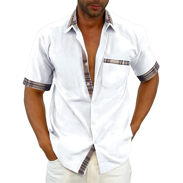 Men's Shirt Button Up Shirt Summer Shirt Black White Pink Red Blue Short Sleeve Color Block
