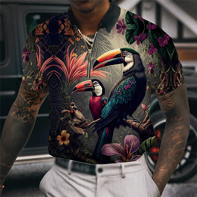 Men's Bird Hawaiian Polo Shirts Golf Shirt Short Sleeve Polo Shirts Collared Shirts Casual Funny Beach Wear Vacation Wear Party Outfits 3D Print Quarter Zip Polo Red Blue Purple 5