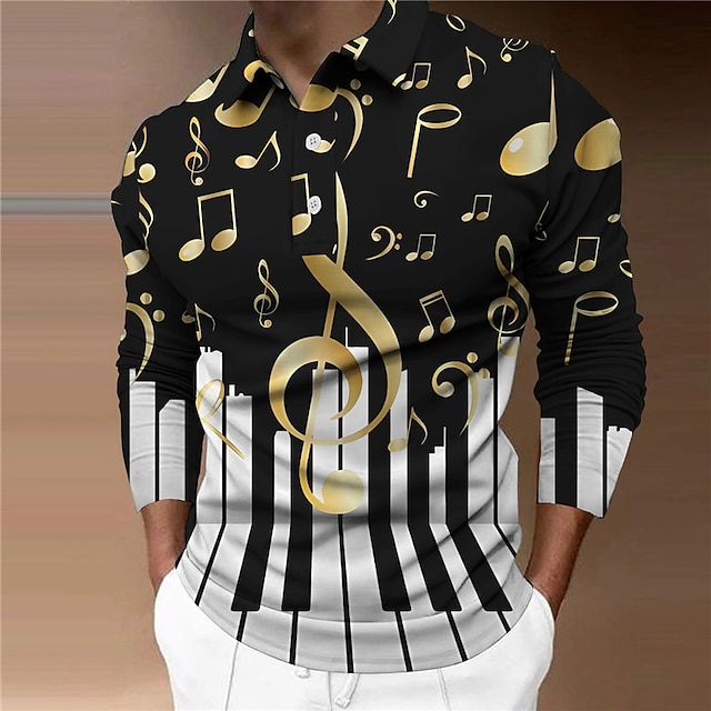  Hombre POLO Camiseta de golf Estampados Música Importante Teclas panorámicas Cuello Vuelto Dorado Gris Exterior Calle Manga Larga Estampado Abotonar Ropa Moda Ropa de calle Design Suave