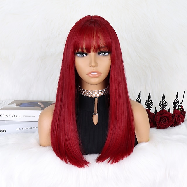  Synthetic Wig kinky Straight Natural Straight Neat Bang Machine Made Wig 18 inch Pink+Red Red Synthetic Hair Women's Classic Easy to Carry Pink