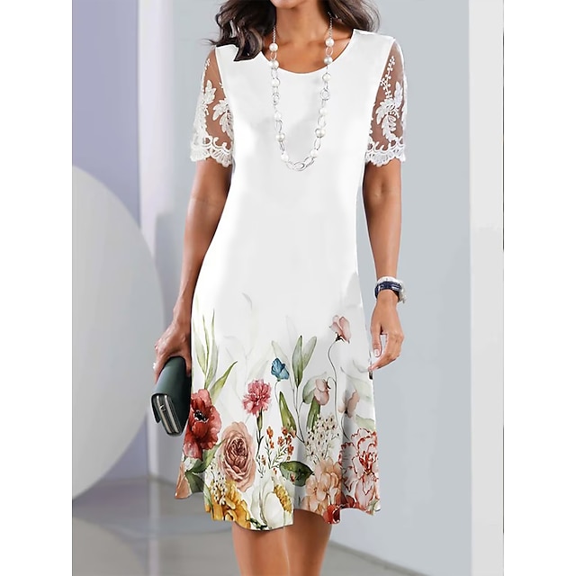 Women's Casual Dress Floral Summer Dress Print Dress Crew Neck Lace ...