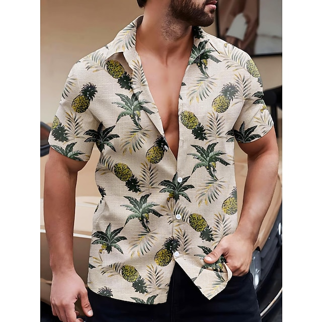  Pánské plátěná košile Letní košile Plážová košile Grafická košile Ananas Kokosový strom Klopa Žlutá Béžová Ležérní Denní Krátký rukáv Tisk Oblečení Bavlna a len Módní Pohodlné