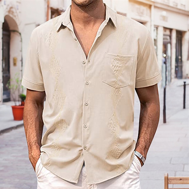 Herre Skjorte i bomuldshør Guayabera skjorte Sommer skjorte Strandtrøje Trykt mønster Ferierejse Daglig Hvid Kakifarvet Lysegrå Kortærmet Aftæpning Sommer Tøj Frontlomme