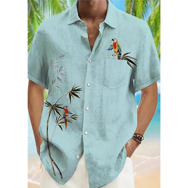  Męskie Koszula Koszula hawajska Ptak Wzory graficzne Liście Kubański kołnierz Rumiany róż Niebieski Zielony Szary Codzienny Hawajskie Krótki rękaw Nadruk Przycisk w dół Odzież Sport Moda Moda miejska