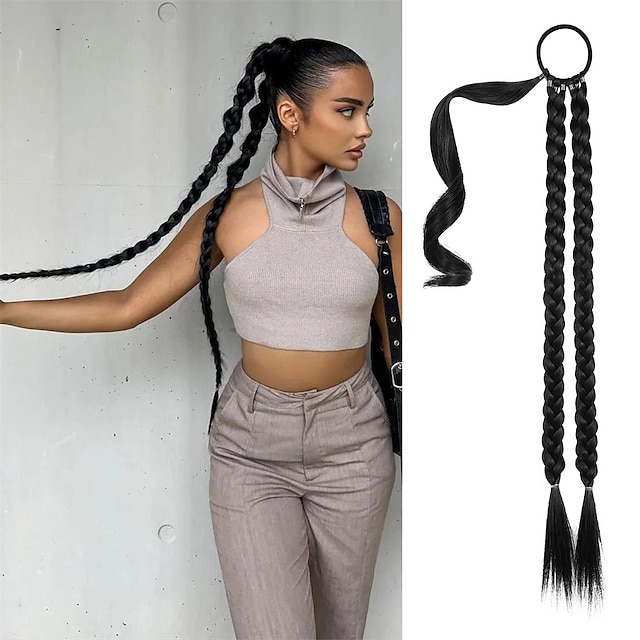 Long Double Braided Ponytail Extension with Hair Tie Straight Wrap ...