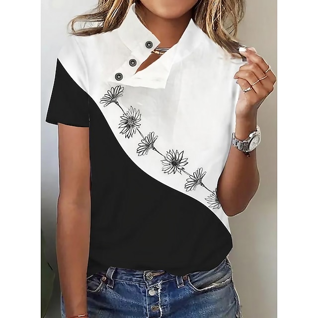  Women's Shirt Blouse Black White Floral Color Block Button Print Short Sleeve Casual Basic Standing Collar Regular Floral S