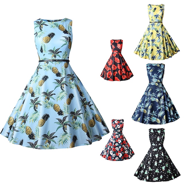  1950-tal klänning ärmlös svängklänning med bälte retro vintageklänning festdräkt damkostym cosplay party cocktail knälång vår sommar