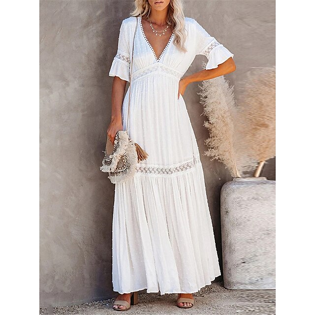  Women's Casual Dress Sundress Summer Dress Long Dress Maxi Dress Basic Casual Pure Color Lace Patchwork Outdoor Daily Vacation V Neck Half Sleeve Dress Loose Fit White Pink Summer Spring S M L XL XXL