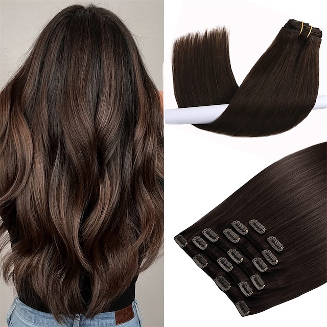  clip in hair extensions purfashion mörkbrun 20 tum 70g 7st tjocka och raka 100% remy clip in hair extensions människohår