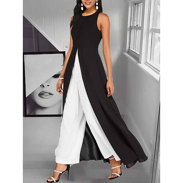 Jumpsuits for Women Dressy Overlay Split Print Solid Color Crew Neck ...