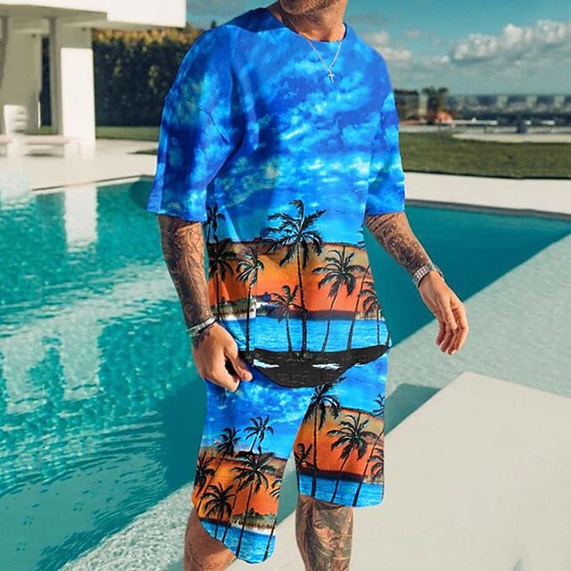 Men's Graphic Coconut Tree Beach 2pcs Tees sets Matching Sets Short Sleeve Short Pants Crew Neck Hawaiian Designer Casual Outdoor Vacation Daily 3D Print Spring & Summer White Blue Dark Green3