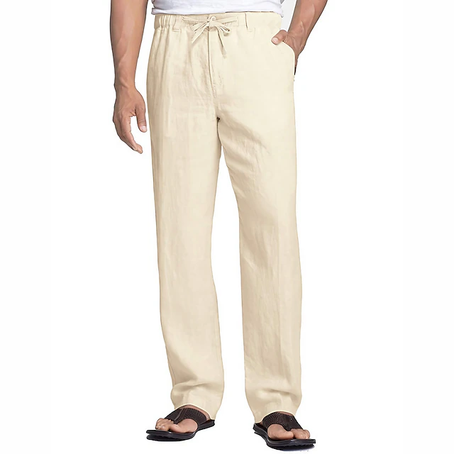 Men's Linen Pants Trousers Summer Pants Beach Pants Casual Pants Pocket Elastic Waist Plain Comfort Breathable Outdoor Daily Going out Fashion Casual Black White 9