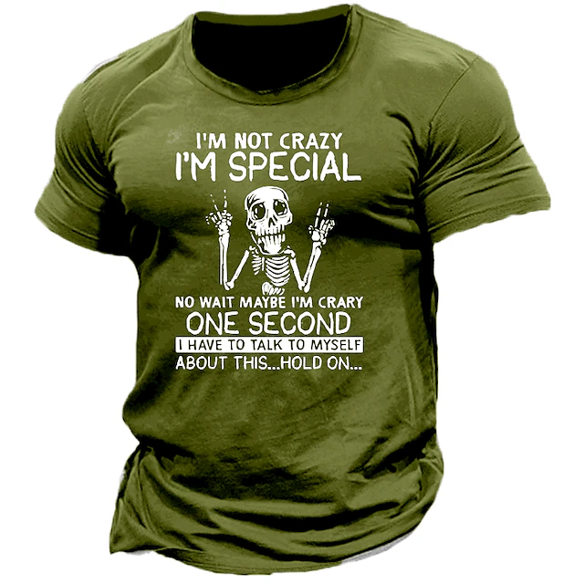 Men's Short Sleeve Graphic T-Shirt with Funny 'I'm Not Crazy I'm Special' Skeleton Print 7