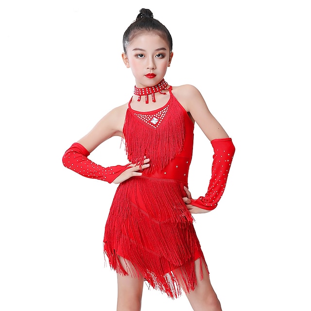 Latin Dance Kids' Dancewear Dance Costumes Dress Lace Crystal / Rhinestone Girls' Performance Training Sleeveless High Milk Fiber