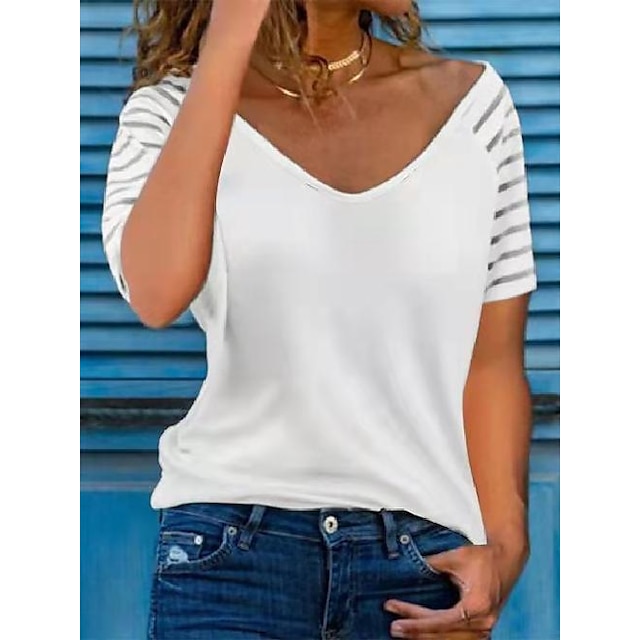  Women's T shirt Tee Black White Pink Plain Short Sleeve Daily Weekend Basic V Neck Regular S