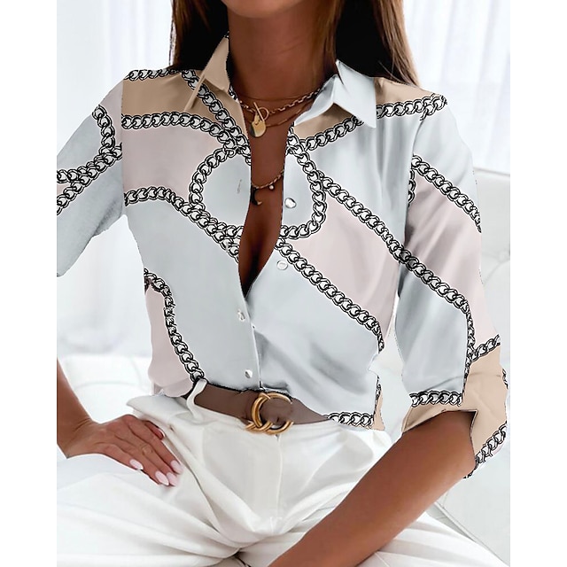  Damen Hemd Bluse Weiß Taste Bedruckt Ketten drucken Casual Langarm Hemdkragen Basic Standard S