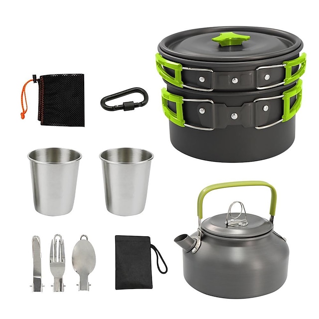  9 Pcs Camping Pots And Pans Set Camping Cookware Kit With Kettle Non-Stick Pot And Pans Portable Cookware Set With Foldable Handle For Camping Travel Hiking