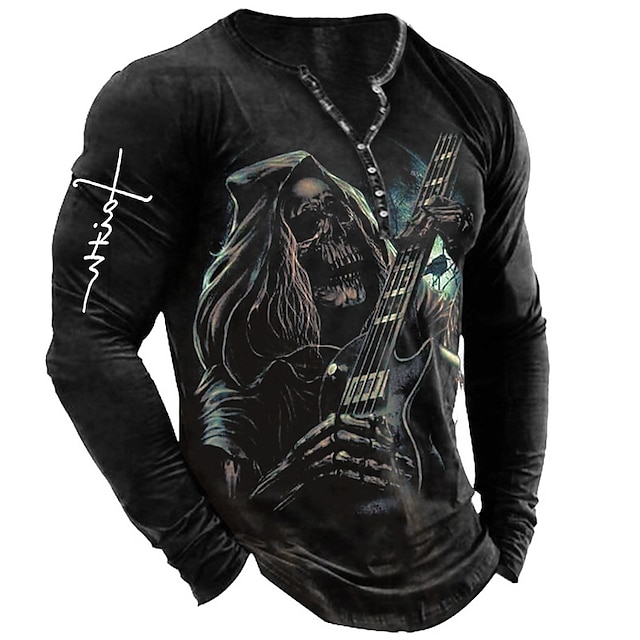  Men's Graphic Skull Skeleton Henley Shirt Tee Long Sleeve 3D Print Fashion Designer Comfortable Outdoor Casual Daily Spring &  Fall Black Henley Henley T-Shirt