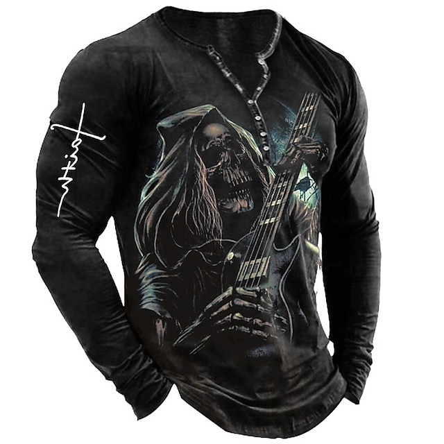  Per uomo Camicia Henley Magliette Pop art Teschi Costumi scheletro Henley Abbigliamento Stampa 3D Esterno Informale Manica lunga Stampa Bottone giù Di tendenza Originale Comodo