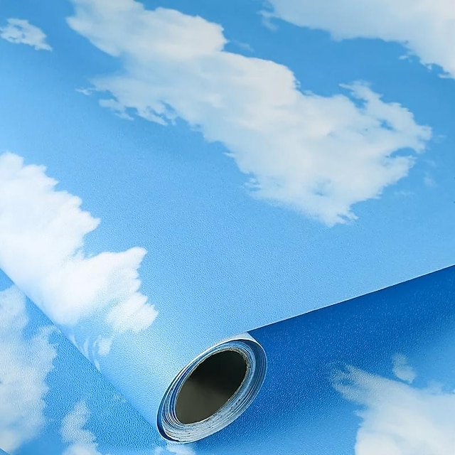  Cool Wallpapers Wall Mural 1 Roll Vinyl Blue Wallpaper, Blue Sky White Clouds Wall Decor Paper, Self Adhesive Waterproof Wallpaper For Living Room, Peel And Stick Wall Stickers, 23.6''x118''