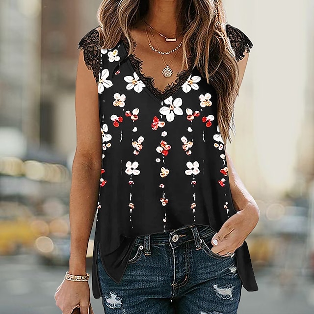  Women's Tank Top Black Lace Print Floral Holiday Weekend Sleeveless V Neck Basic Regular S