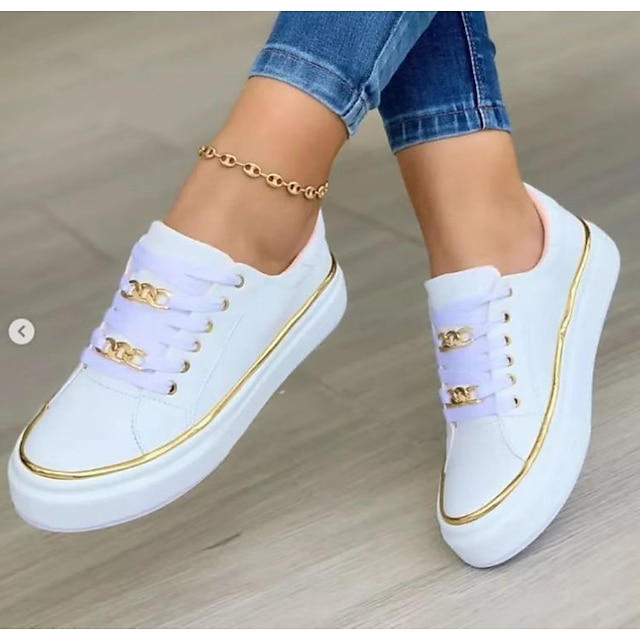  Women's Flats Plus Size Platform Sneakers Daily Solid Color Summer Platform Round Toe Casual Faux Leather Lace-up Black White Gold