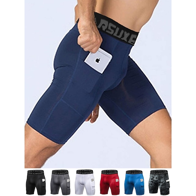  Arsuxeo Men's Running Tight Shorts Compression Shorts with Phone Pocket High Waist Base Layer Athletic Polyester 4 Way Stretch Breathable Quick Dry Yoga Fitness Gym Workout Skinny Sportswear