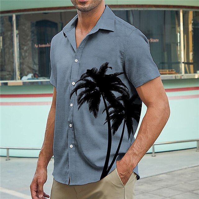  Men's Shirt Summer Hawaiian Shirt Coconut Tree Graphic Prints Turndown Blue Gray Street Casual Short Sleeves Button-Down Print Clothing Apparel Linen Fashion Streetwear Designer Vintage