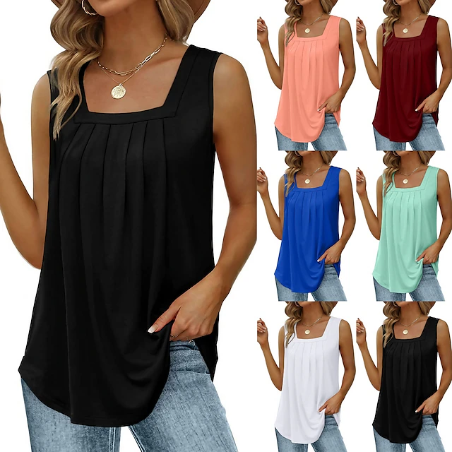 Tank Women's Wine Red Black White Solid / Plain Color Pleated Daily ...