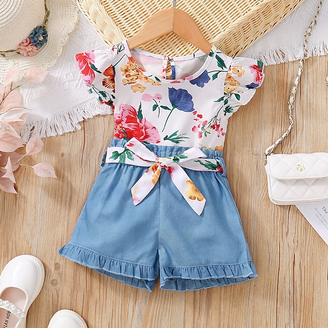  2 Pieces Kids Girls' Floral Shorts Suit Set Short Sleeve Active Casual Cotton 3-7 Years Summer Blue