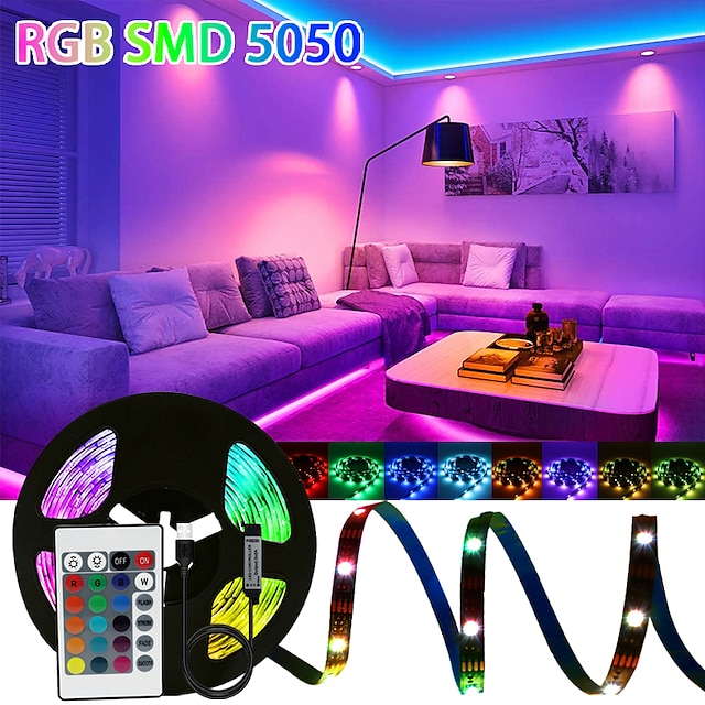  USB Powered LED Strip Light, Blackborad RGB Light Strip with Remote Control for Living Room Corridor Room Bedroom Decorative Lighting 30/60/90/150Leds 1/2/3/5M