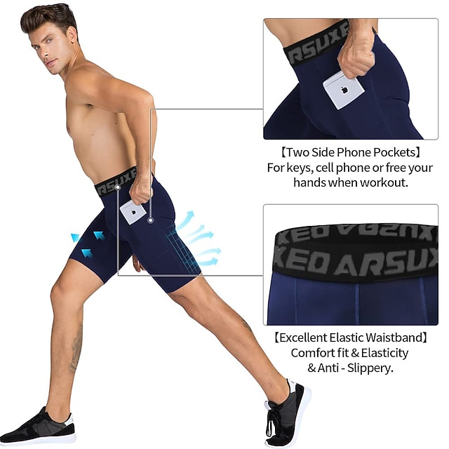 Arsuxeo Men's Running Tight Shorts Compression Shorts with Phone Pocket