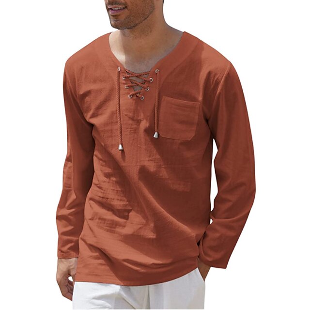  Herren Hemd aus Baumwollleinen Sommerhemd Strandhemd Glatt Casual Täglich Dunkelrot Langarm V Ausschnitt Sommer Bekleidung Tasche