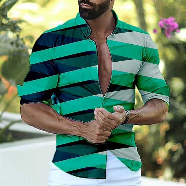 Men's Shirt Graphic Prints Geometry Turndown Green Outdoor Street Long Sleeve Button-Down Print Clothing Apparel Fashion Streetwear Designer Soft