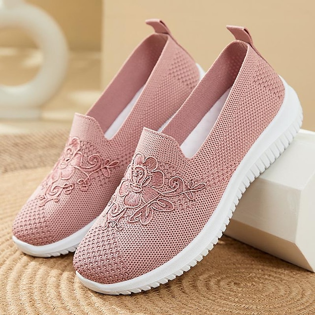  Women's Slip-Ons Pink Shoes Flyknit Shoes Comfort Shoes Work Daily Solid Color Floral Summer Wedge Heel Round Toe Classic Casual Minimalism Walking Tissage Volant Loafer Black Pink Red